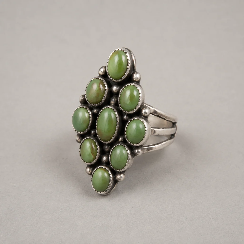 Illustrative ring with green oval stones in a silver-colored setting
